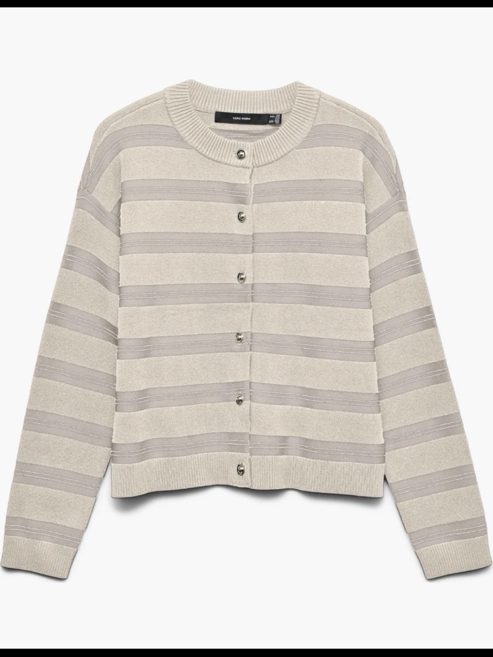 VERO MODA Women's L Cream Gray Striped Knit Crew Neck Button-Front Cardigan